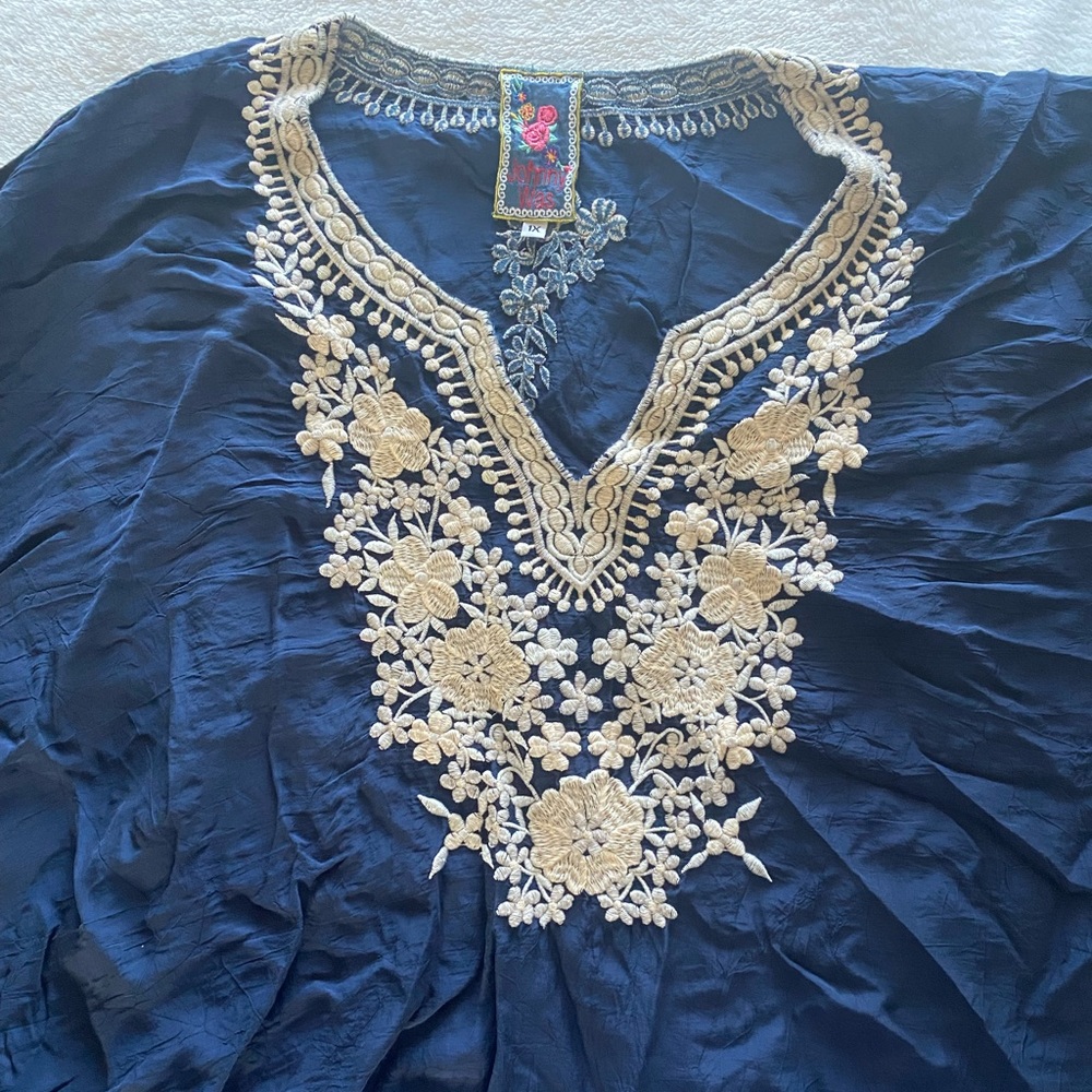 Johnny Was Navy Blue Embroidered Top Blouse Poncho Swim Cover Rayon Plus Size 1X